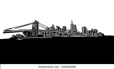 New York City Panorama Silhouette Drawing. Hand-drawn illustration in the form of a woodcut for digital and print projects.