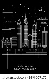 New York city poster with abstract skyline, horizon and attraction. USA, NYC vector illustration, black and white thin line layout for vertical brochure, website, flyer, presentation, book cover