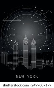 New York city poster with abstract skyline, horizon and attraction. USA, NYC vector illustration, black and white thin line layout for vertical brochure, website, flyer, presentation, book cover