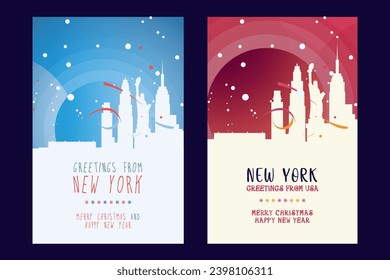 New York city poster with Christmas skyline, cityscape, landmarks. Winter USA holiday, New Year vertical vector Brooklyn, Manhattan layout for brochure, website, flyer, leaflet, card