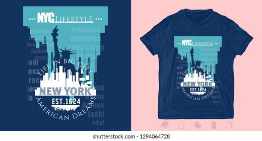 New York city. Print for t-shirts and another, trendy apparel design. Life in NYC 