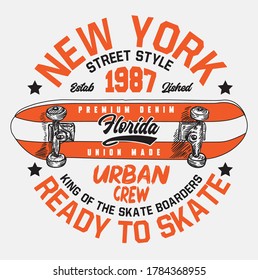 New york city, red skateboard design for tee and t-shirt printing with white background.