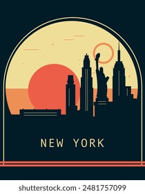 New York city retro style poster with skyline, cityscape. USA NYC, state vintage vector illustration. US front cover, brochure, flyer, leaflet template, layout image