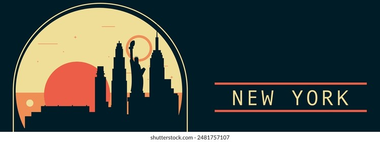 Nuevo Anuncio de Vector estilo retro de la ciudad de York con horizonte, paisaje urbano. Estado de EE.UU., ilustración Horizontal vintage de NYC. Diseño de viajes de los Estados Unidos de América para presentación de Web, encabezado, pie de página