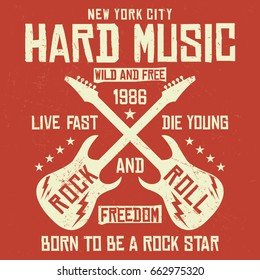 New york city rock and roll, hard music, live fast die young slogan typography. T-shirt graphics. Vector