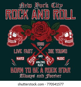 New York City rock and roll, embroidery rose and skull slogan fashion patch, rose with leaves, fashion patches, badges  typography, t-shirt graphics, vectors
