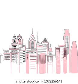 New York city scape background. Hand drawn vector doodle graphics. Pink and black colours. Perfect for girlish design.