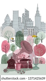 New York city scape with central park and retro objects