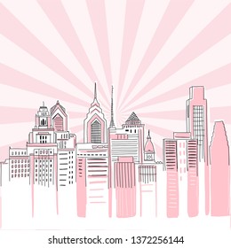 New York city scape on Retro sun ray background. Hand drawn vector doodle graphics. Pink and black colours. Perfect for girlish design.