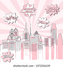 New York City Scape On Retro Sun Ray Background With Pop Art Comic Fight Supergirl Power Text Bubbles . Hand Drawn Vector Doodle Graphics. Pink And Black Colours. Perfect For Girlish Design.