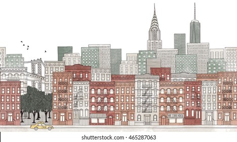New York City - seamless banner of the city's skyline, hand drawn and digitally colored ink illustration