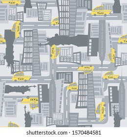 New York City Seamless Pattern. NYC.  Vector Pattern. Repeated Drawing. Gray And Yellow. Yellow Taxi Pattern