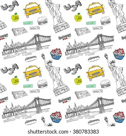 New York city seamless pattern with Hand drawn sketch taxi, hotdog, burger, statue of liberty, newspaper, manhattan bridge. Drawing doodle vector illustration, isolated on white.