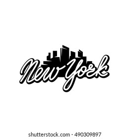 New York city silhouette T-shirt Print. Cute badge. Hand lettering and calligraphy for designs: t-shirts, baner, poster, greeting cards. Vector brush typography illustration