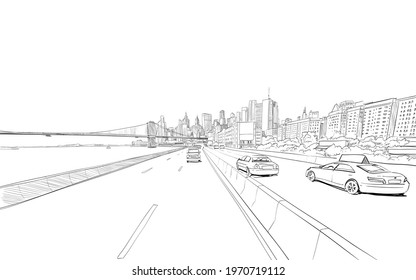 New York city sketch. View of the road with cars and bridge hand drawn industrial vector illustration. 