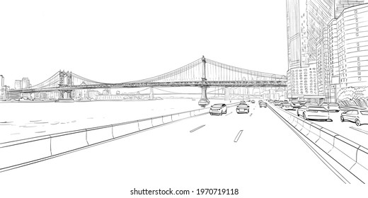 New York city sketch. View of the road with cars and bridge hand drawn industrial vector illustration. 