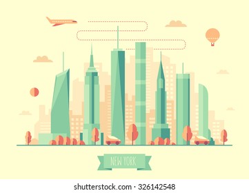 New York city skyline architecture vector illustration with plane, cars and air balloon, flat design