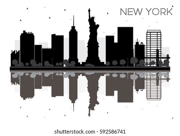 New York City skyline black and white silhouette with Reflections. Vector Illustration. Simple flat concept for tourism presentation, banner, placard or web site. Cityscape with landmarks.