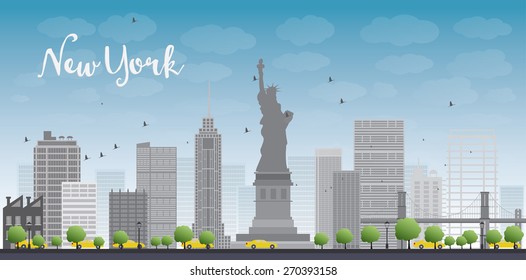 New York city skyline with blue sky, clouds and yellow taxi. Business travel and tourism concept with place for text. Image for presentation, banner, placard and web site