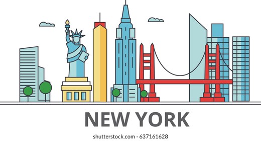 New York city skyline: buildings, streets, silhouette, architecture, landscape, panorama, landmarks. Editable strokes. Flat design line vector illustration concept. Isolated icons on white background