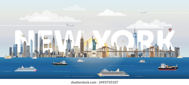 New York city skyline colorful vector illustration. Travel poster