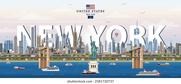 New York city skyline colorful vector illustration. Travel poster