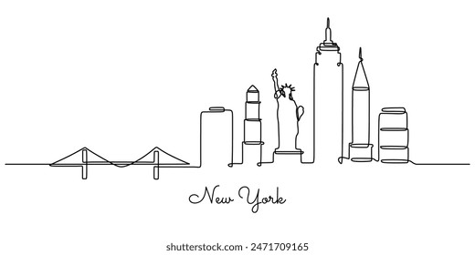 New York City skyline continuous line drawing. Building and architecture concept. Vector illustration minimalist design hand drawn.