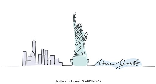 New York City skyline in continuous one line drawing. A minimalist depiction of the city’s iconic landmarks. Vector illustration for city concept.
