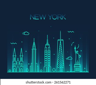 La silueta detallada de la ciudad de Nueva York. Ilustración vectorial de moda, estilo de arte de línea.