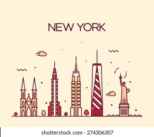 New York City skyline detailed silhouette. Trendy vector illustration, line art style.