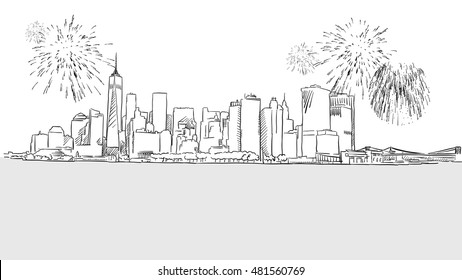 New York City Skyline Firework Sketch, Hand Drawn Vector Outline Artwork