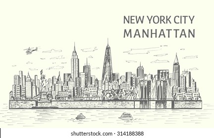 New York City Skyline Hand Drawn Sketch Style,isolated Illustration