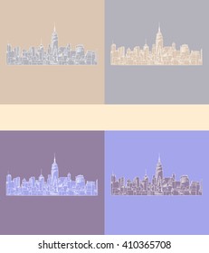 New York City skyline hand drawn sketch. Vector illustration of New York, big city architecture on four colored squares.