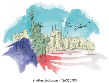 New York City skyline hand drawn sketch. Vector illustration of New York. Liberty legacy.