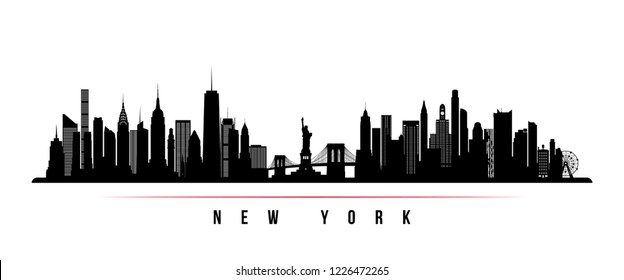 New York city skyline horizontal banner. Black and white silhouette of New York city, USA. Vector template for your design.