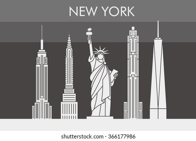 New York City Skyline Line Art Design Concept With Typographic. Vector Illustration