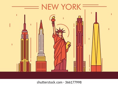 New York City Skyline Line Art Design Concept With Typographic. Vector Illustration