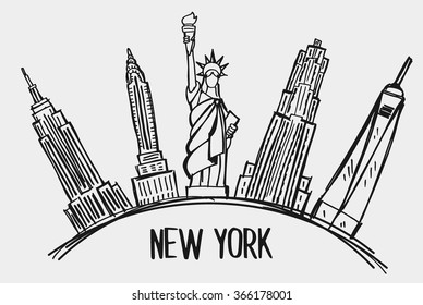 New York City Skyline Line Art Design Concept With Typographic. Vector Illustration