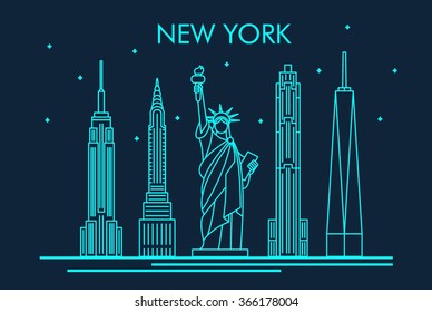 New York City Skyline Line Art Design Concept With Typographic. Vector Illustration