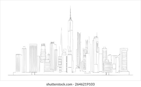 Skyline da cidade de Nova York, Skyline de Manhattan, Vista da cidade de Nova York, Arranha-céus de Nova York, Arte da linha de NYC da paisagem urbana
