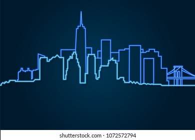 New York City Skyline Of Neon Sign. Vector Illustration