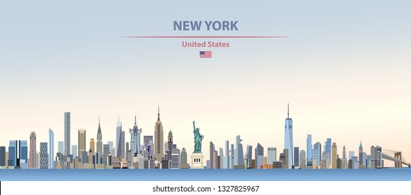 New York city skyline on colorful gradient beautiful day sky background with flag of United States. Vector illustration