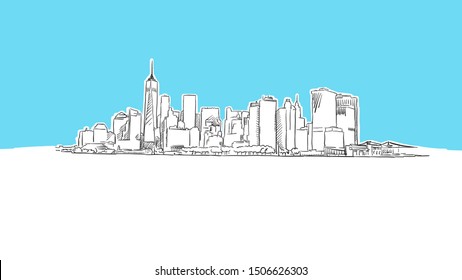 New York City Skyline Panorama Vector Sketch. Hand-drawn Illustration on blue background.