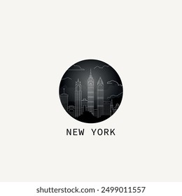 New York City skyline panorama vector flat modern logo, icon. USA, NYC horizon round emblem with landmarks and building silhouettes. Isolated thin line graphic