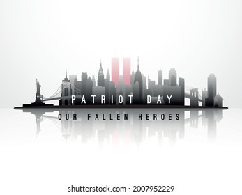 New York City skyline September 11, 2001. American Patriot Day anniversary banner. Our fallen heroes. Stock vector illustration.