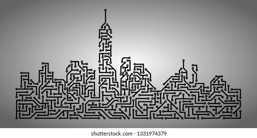 New York city skyline silhouette made in the form of electronic circuit board.