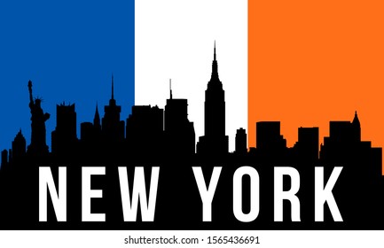 New York city skyline silhouette background, vector illustration and flag in background
