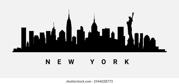 New York City skyline silhouette with Statue of Liberty. Iconic New York skyline illustration in black and white.