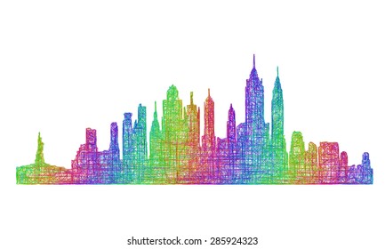 New York City skyline silhouette - multicolor line art