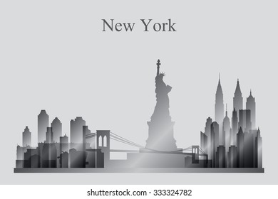 New York city skyline silhouette in grayscale, vector illustration